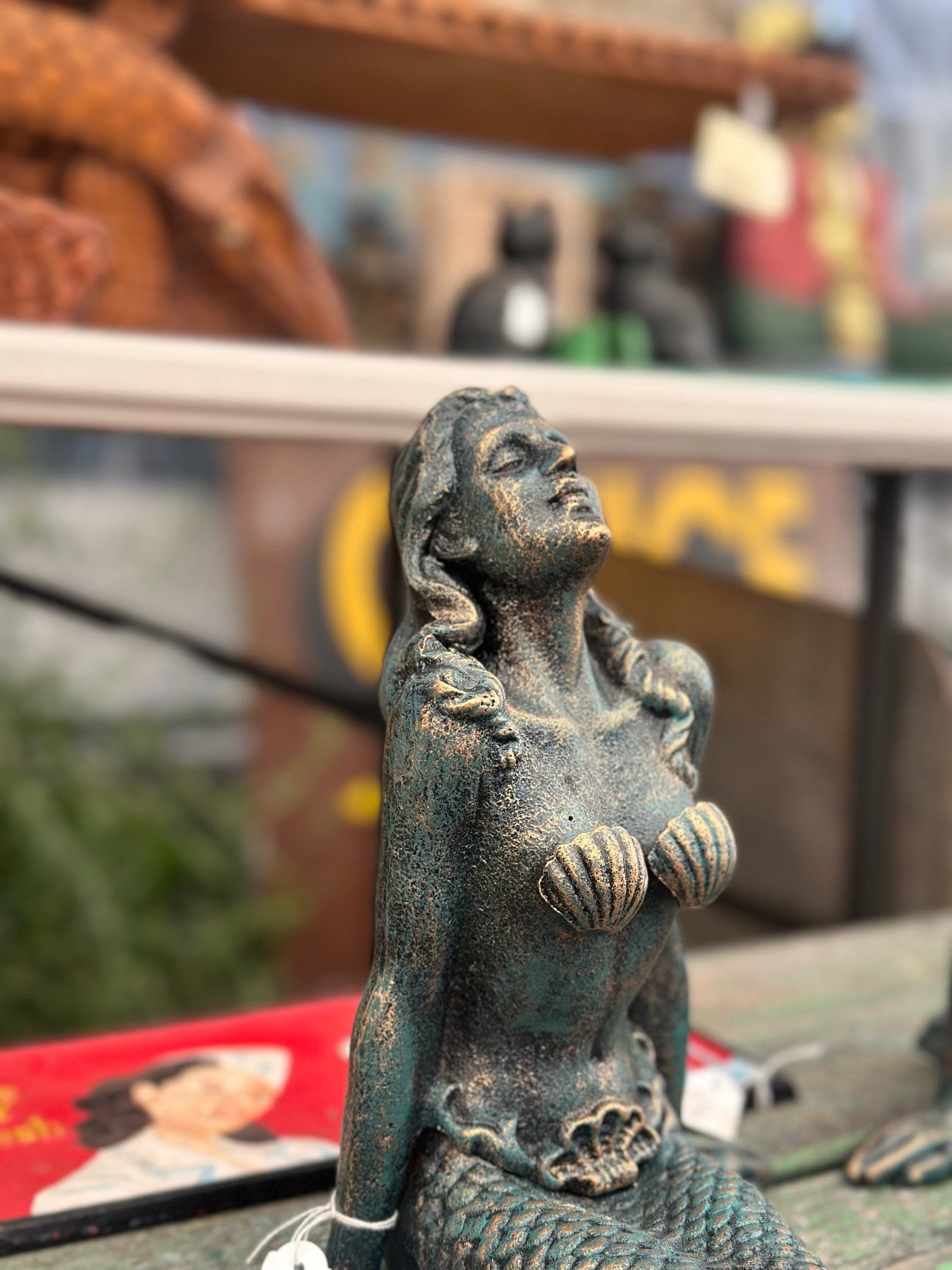 Vintage Style Cast Iron Mermaid Statue - Verdigris Garden Sculpture Shelf Sitter