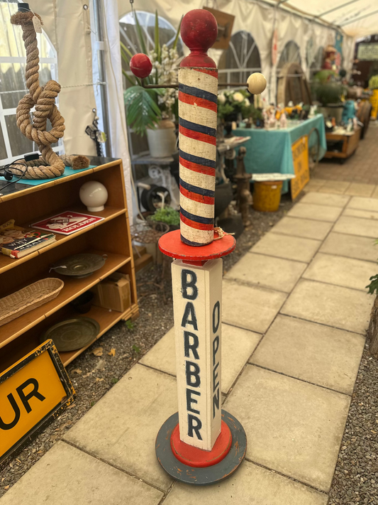 Vintage Hand-Painted Wooden Barber Pole Floor Sign | Folk Art Shop Display