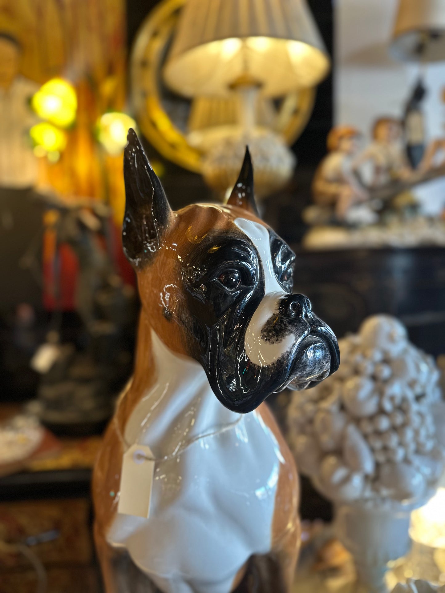 Life-Size Vintage Italian Ceramic Boxer Dog Statue | Mid-Century Majolica Style