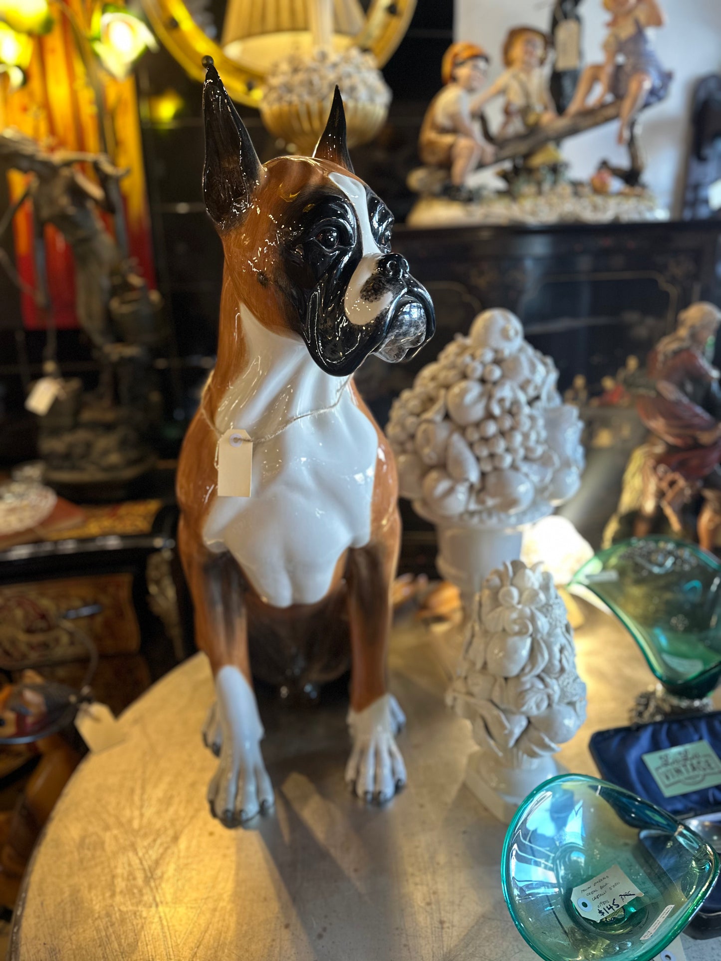 Life-Size Vintage Italian Ceramic Boxer Dog Statue | Mid-Century Majolica Style