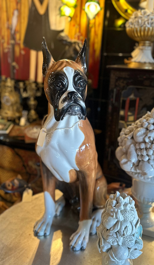 Life-Size Vintage Italian Ceramic Boxer Dog Statue | Mid-Century Majolica Style