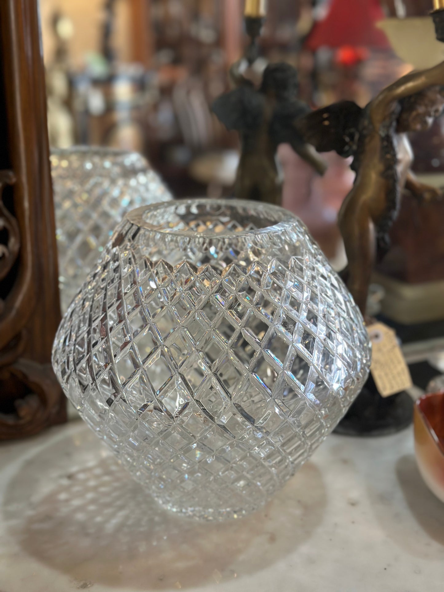 Vintage Cut Lead Crystal Bowl Vase Diamond Pattern Bohemian Style Heavy Glass Centrepiece