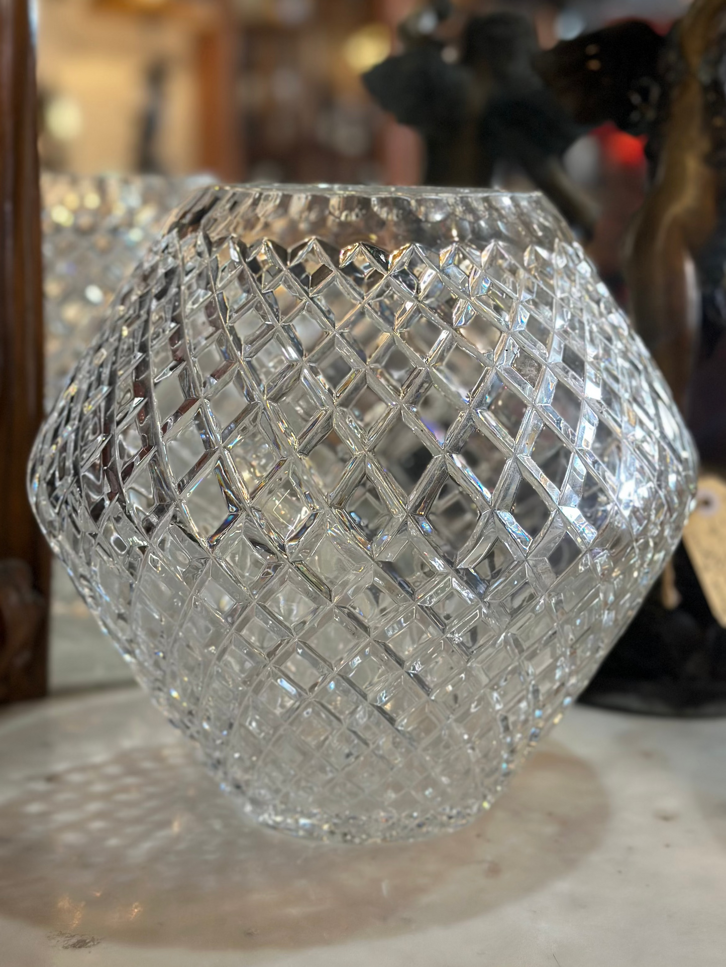 Vintage Cut Lead Crystal Bowl Vase Diamond Pattern Bohemian Style Heavy Glass Centrepiece