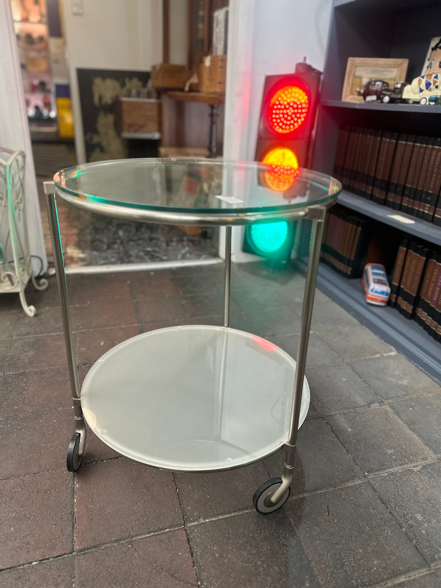 Vintage Minimalist Chrome & Glass Round Bar Cart |Drinks Serving Trolley