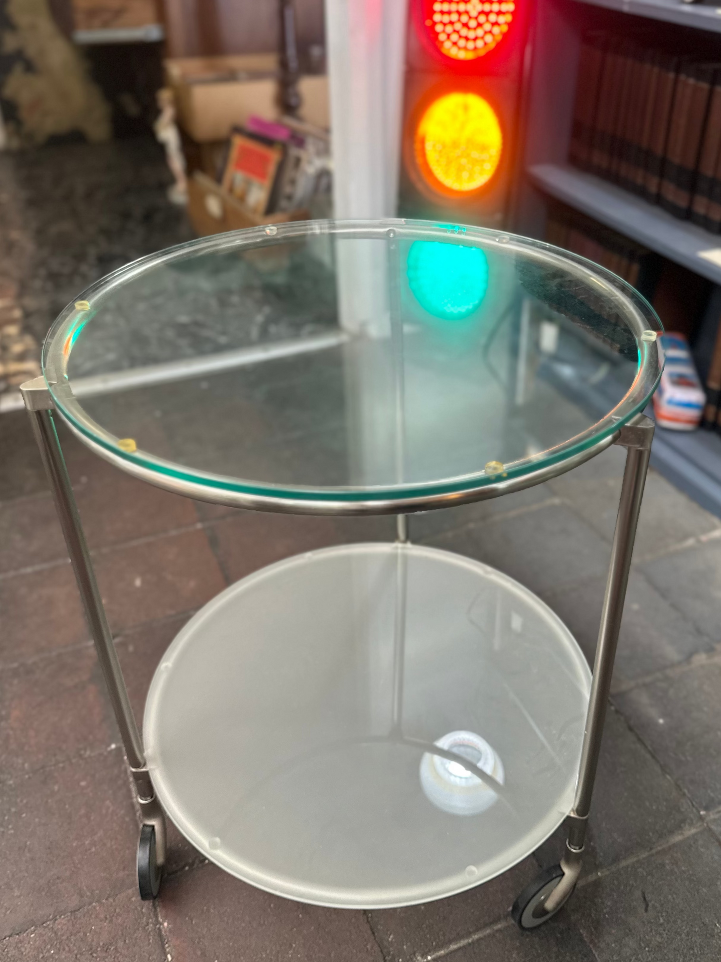 Vintage Minimalist Chrome & Glass Round Bar Cart |Drinks Serving Trolley