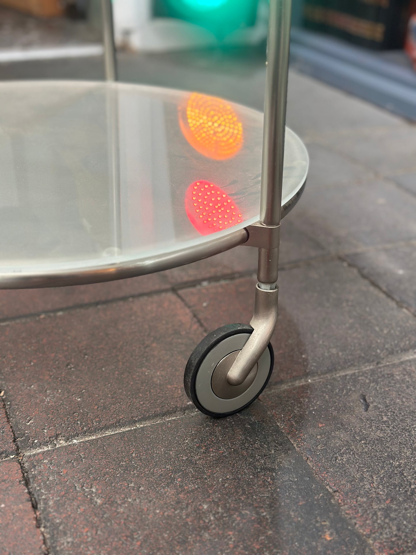 Vintage Minimalist Chrome & Glass Round Bar Cart |Drinks Serving Trolley