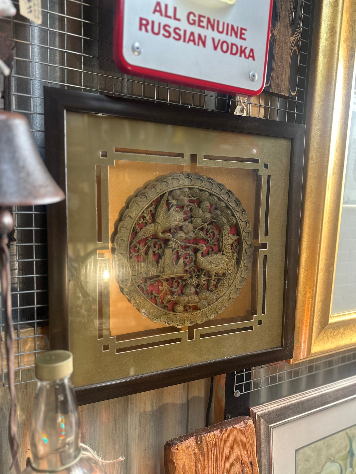 Vintage Chinese Wood Relief Carving - Framed Cranes and Pine Tree Wall Art