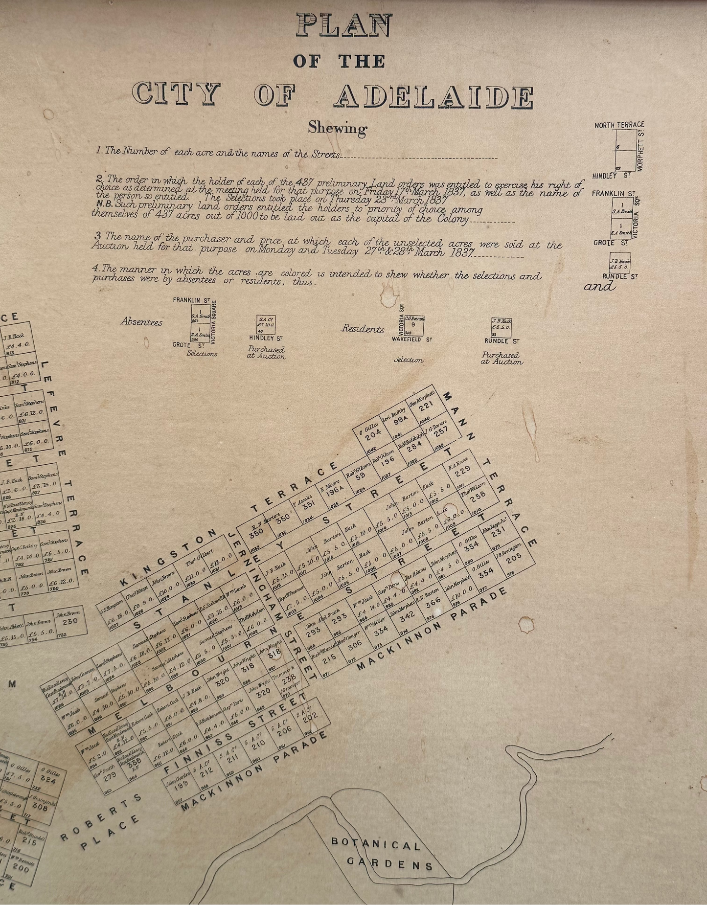 Vintage Framed Plan of the City of Adelaide 1837 - Colonel William Light Reproduction Map
