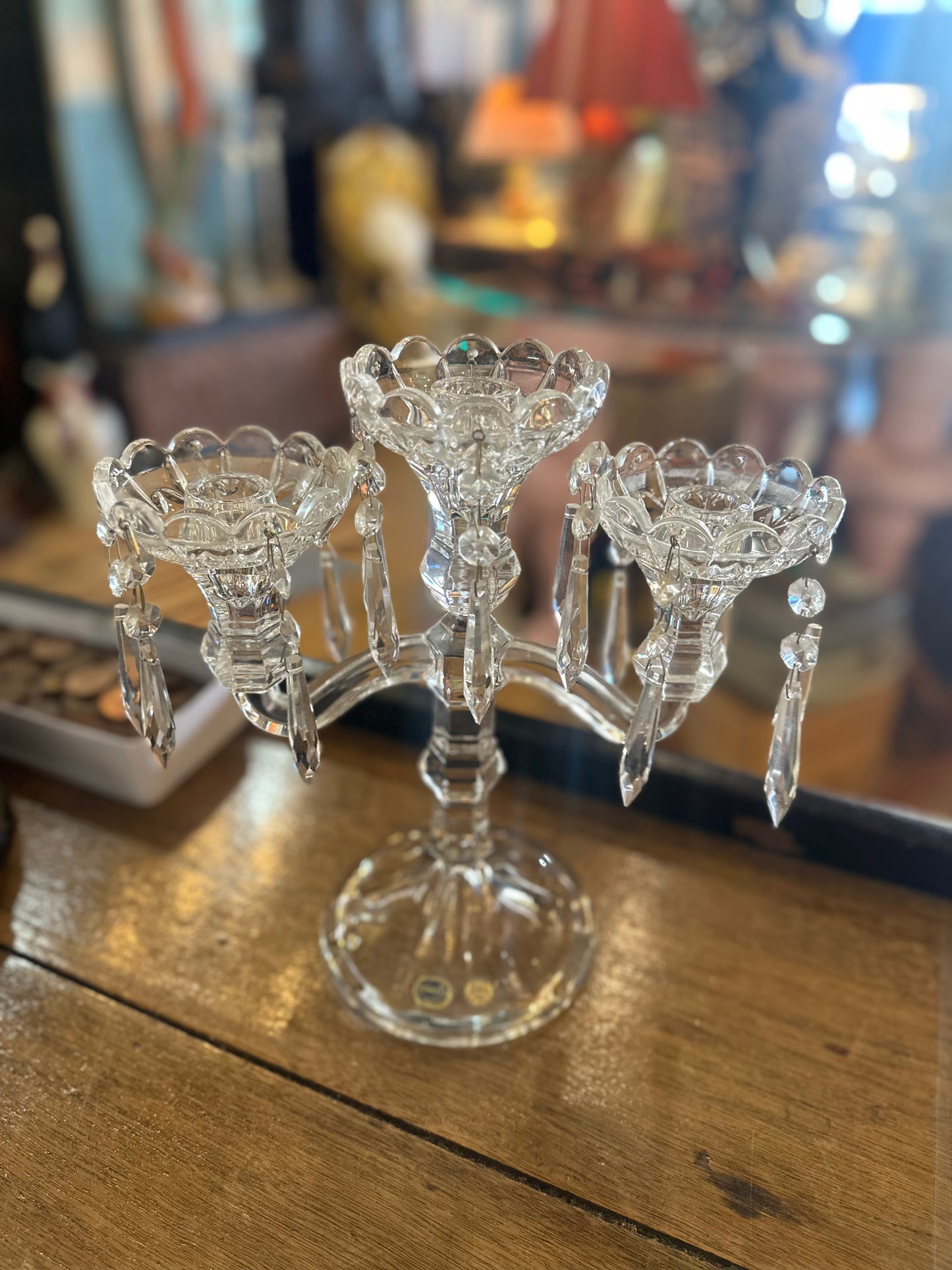 Vintage Bohemia Crystal 3-Arm Candelabra with Prism Drops | 24% Lead Crystal Czech Republic