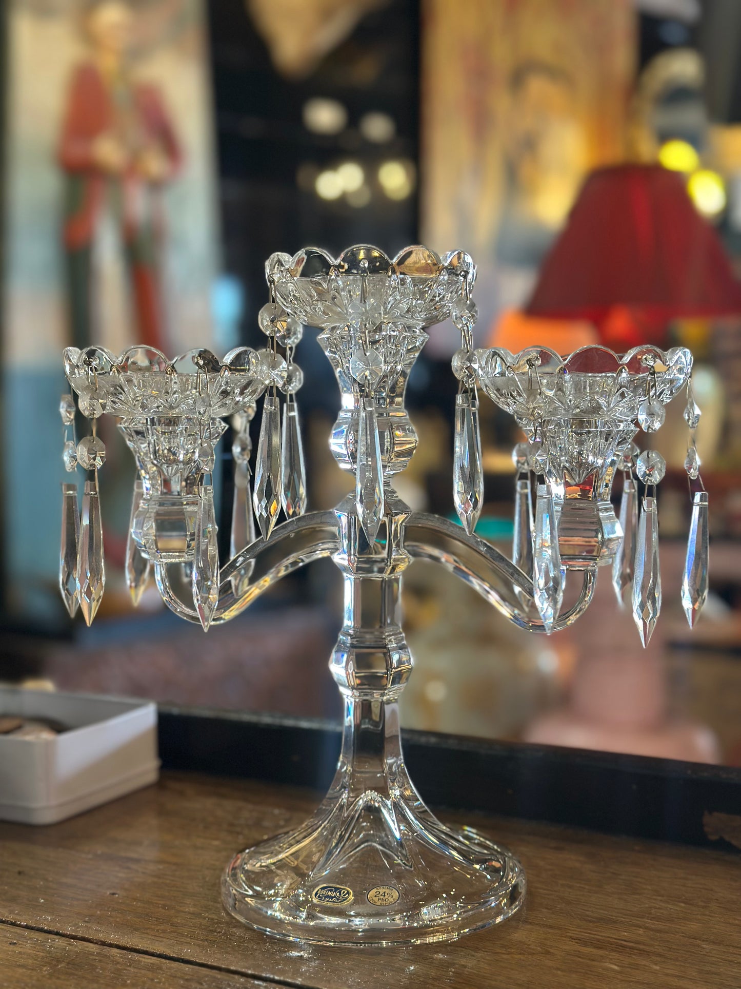 Vintage Bohemia Crystal 3-Arm Candelabra with Prism Drops | 24% Lead Crystal Czech Republic