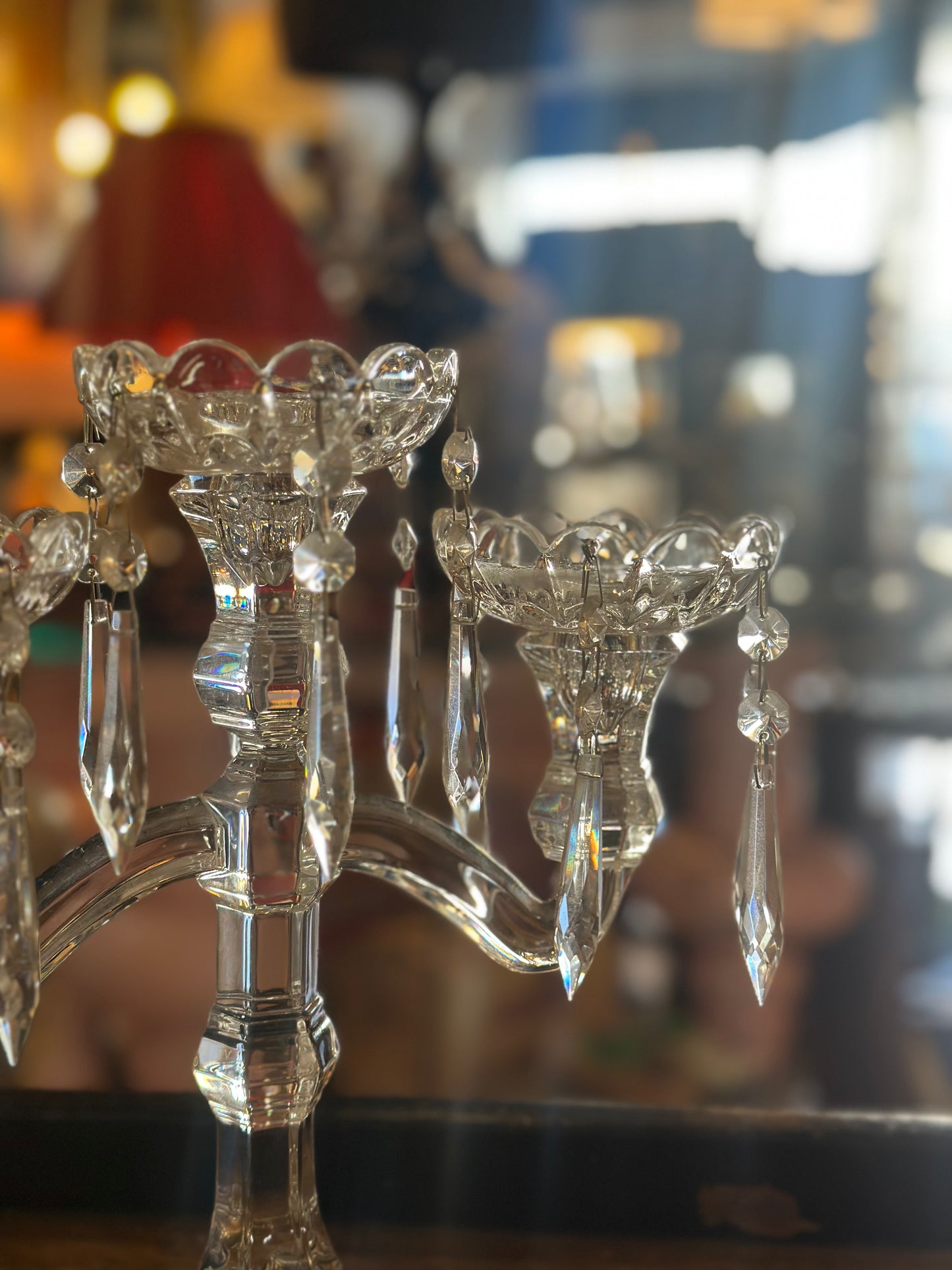Vintage Bohemia Crystal 3-Arm Candelabra with Prism Drops | 24% Lead Crystal Czech Republic
