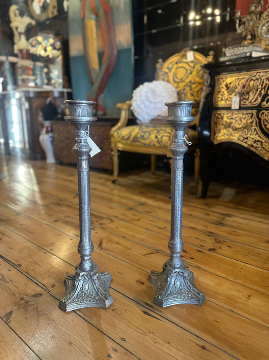 Pair of Tall 62cm Neoclassical Silver Plated Floor Candlesticks | Ornate Monumental Empire Style Candle Holders | La La Vintage Semaphore