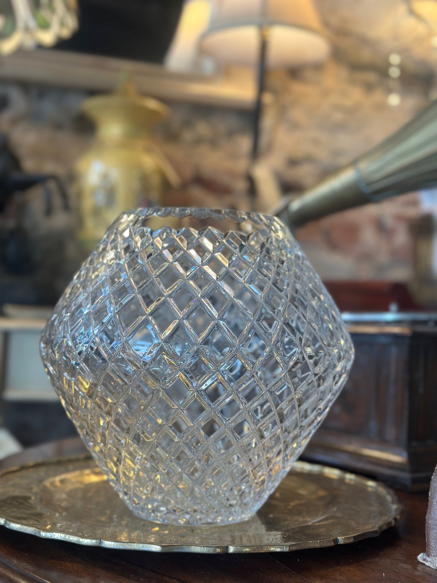 Vintage Cut Lead Crystal Bowl Vase Diamond Pattern Bohemian Style Heavy Glass Centrepiece