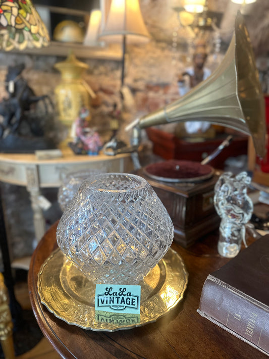 Vintage Cut Lead Crystal Bowl Vase Diamond Pattern Bohemian Style Heavy Glass Centrepiece