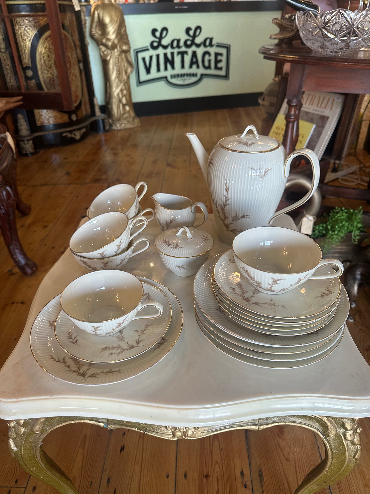 Vintage Thomas Germany Rosenthal Porcelain Tea Set - Ribbed White & Gold Pine Pattern - 6 Person