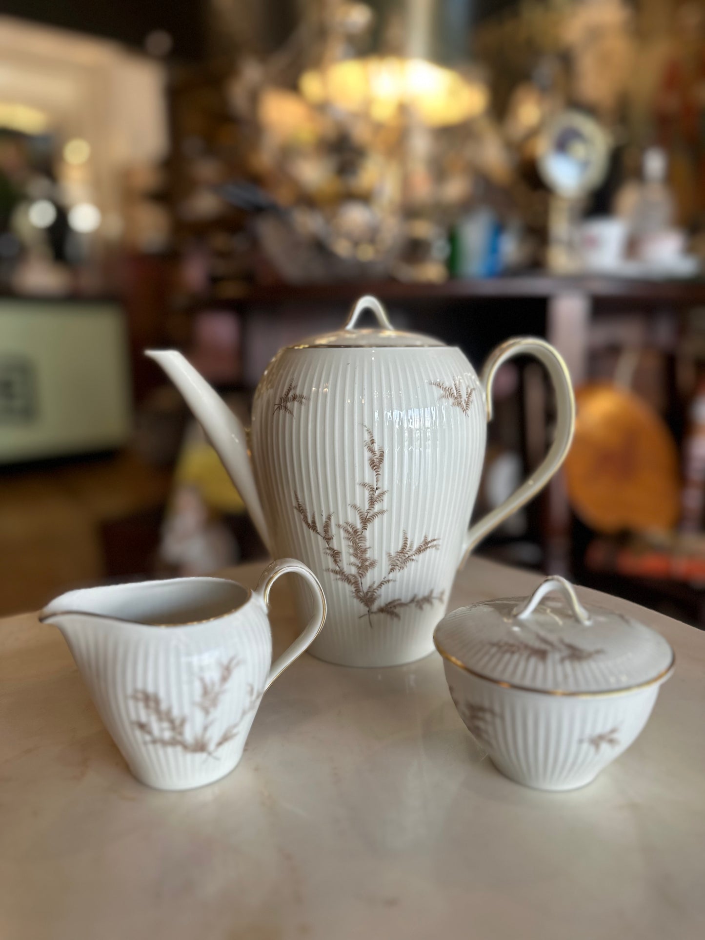 Vintage Thomas Germany Rosenthal Porcelain Tea Set - Ribbed White & Gold Pine Pattern - 6 Person