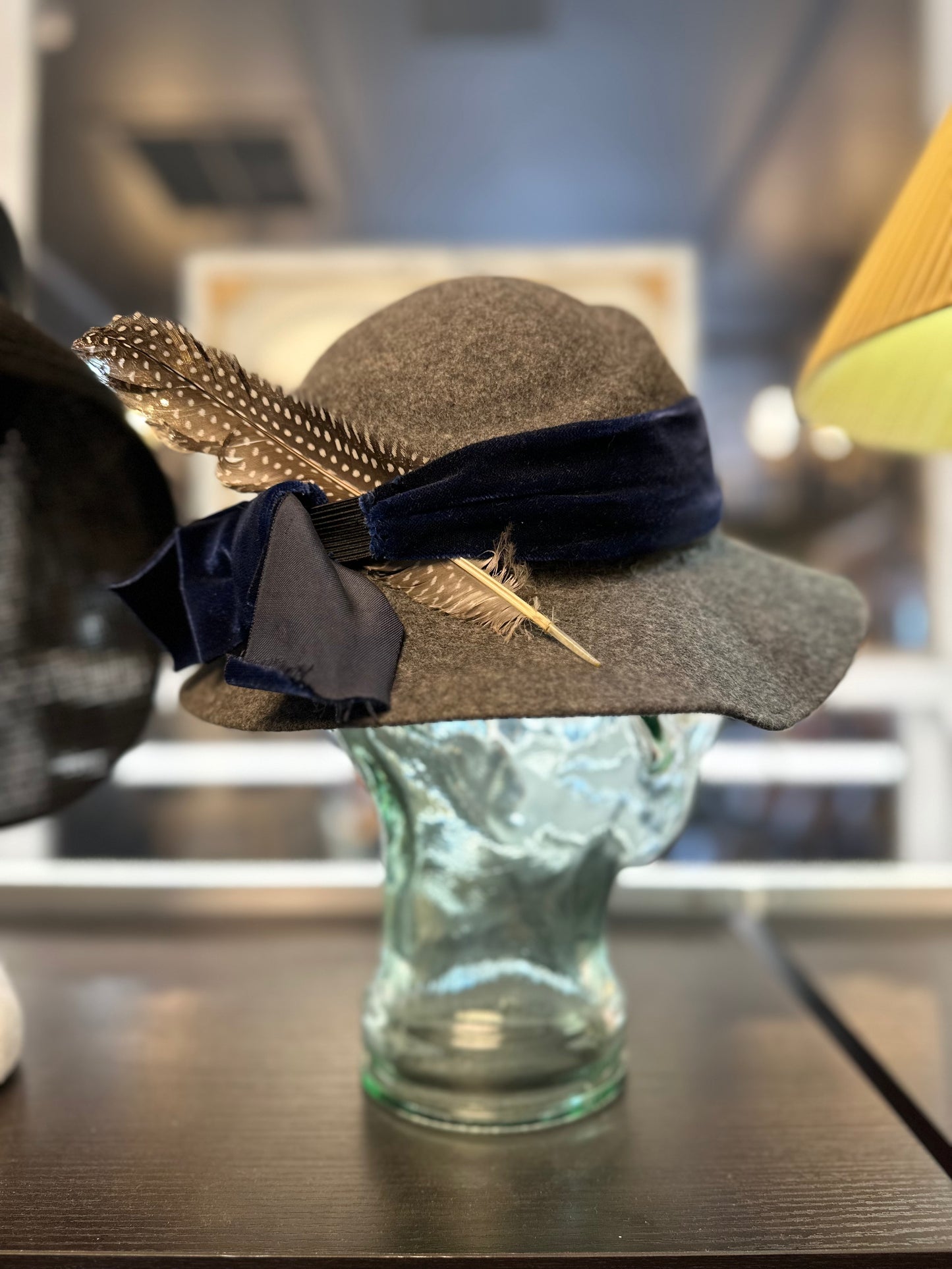 Vintage Style Grey Wool Felt Fedora Hat | Navy Velvet Band & Feather