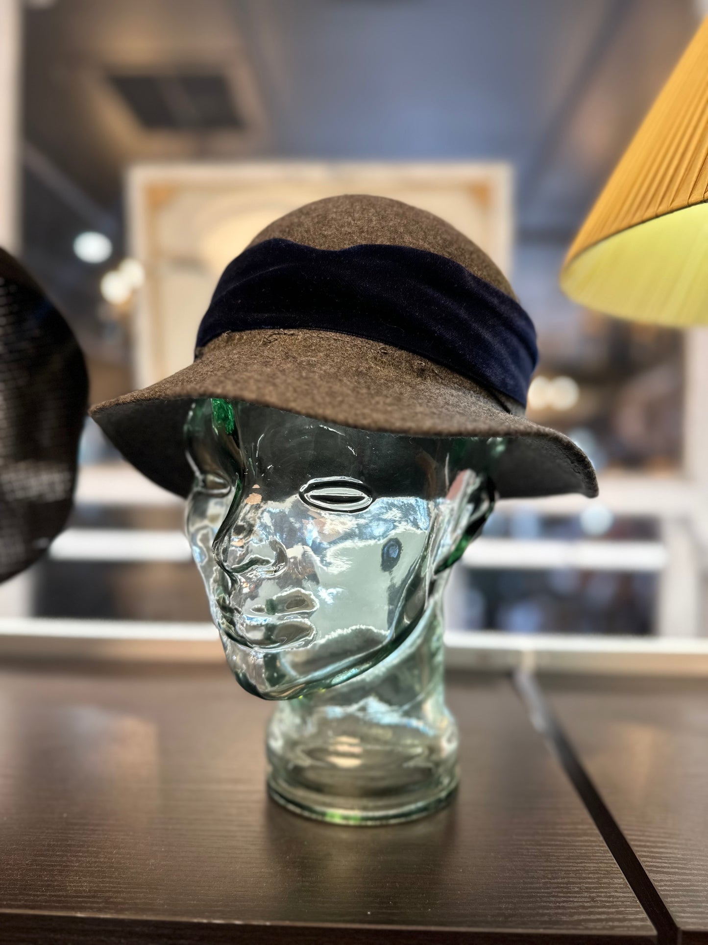 Vintage Style Grey Wool Felt Fedora Hat | Navy Velvet Band & Feather