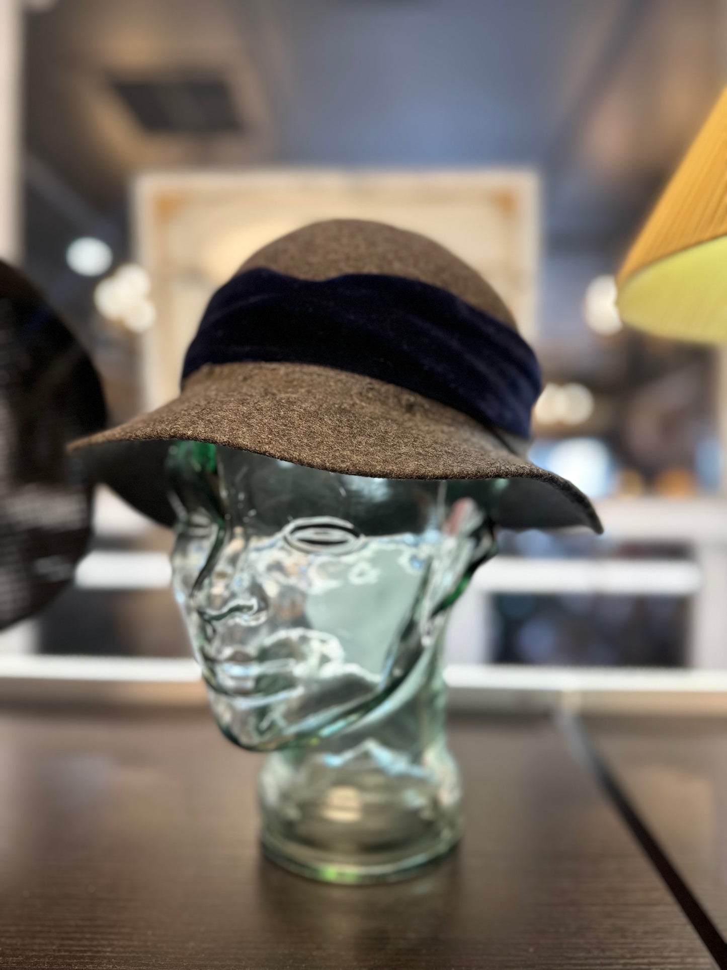 Vintage Style Grey Wool Felt Fedora Hat | Navy Velvet Band & Feather