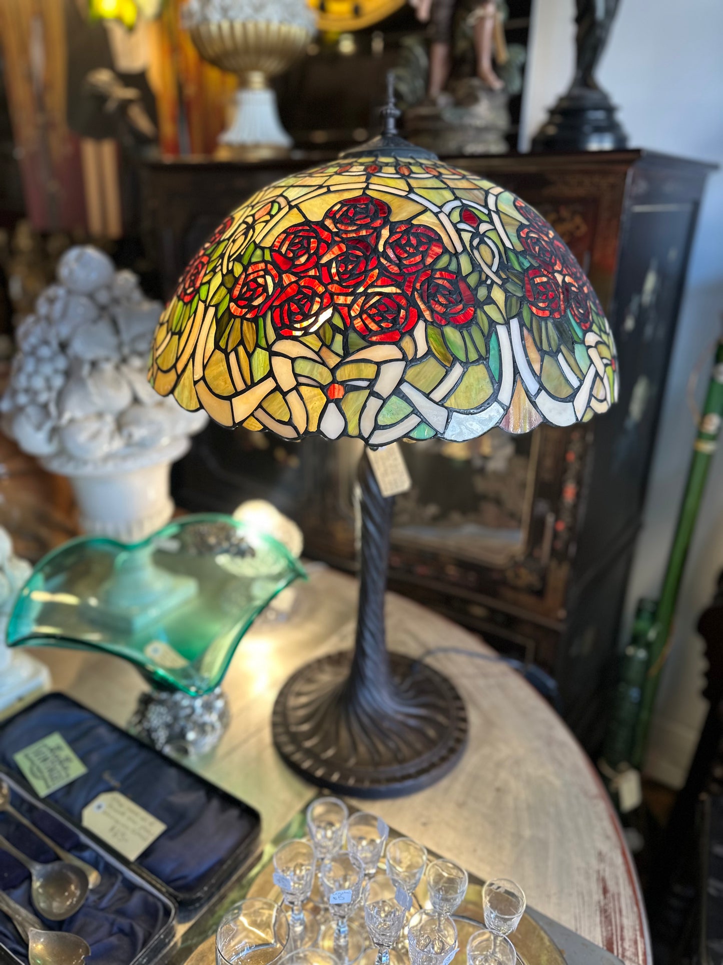 Vintage Tiffany Style Stained Glass Table Lamp - Red Rose Floral