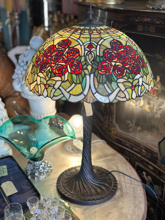 Vintage Tiffany Style Stained Glass Table Lamp - Red Rose Floral