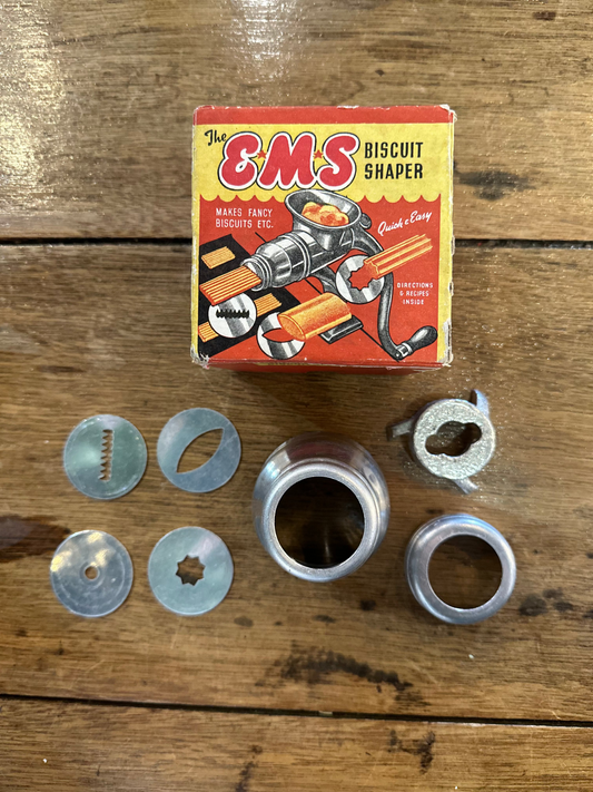 Vintage BMS Biscuit Shaper Set with Original Box | Mid-Century Mincer Attachment | Retro Kitchen Decor & Baking Tool