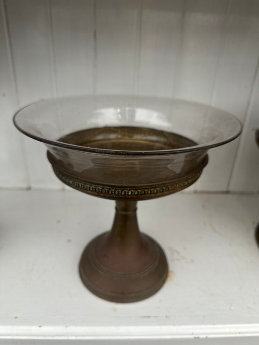 Vintage Neoclassical Brass & Glass Centerpiece Bowl | Pedestal Tazza Trough | Regency Style Home Decor