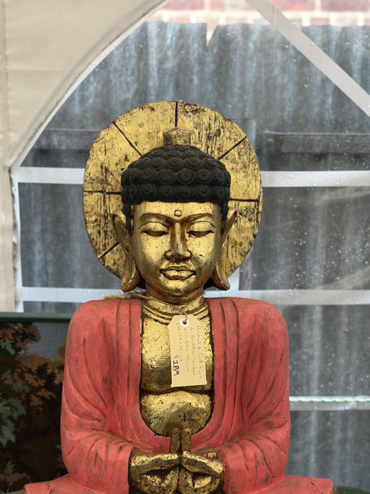 Large Vintage Hand-Carved Gilt Wood Buddha Statue