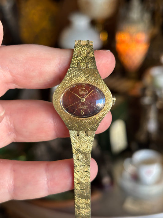 Vintage 1970s Lauris Olympic Ladies Mechanical Watch – Oxblood Dial & Textured Gold Bracelet